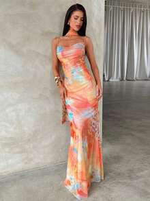 Vestido de tirantes con estampado floral elegante y espalda descubierta, adecuado para verano, playa y citas - Albaricoque - Ver 6