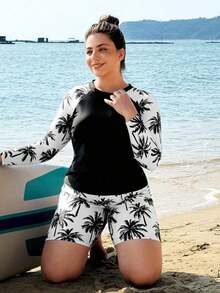Swim  Conjunto a juego de 2 piezas con estampado de palmeras en negro y blanco para tallas grandes - Top de manga larga con cuello redondo y shorts, Conjunto de tankini y bikini para mujer adecuado para verano, playa y vacaciones - Blanco y Negro - Ver 4