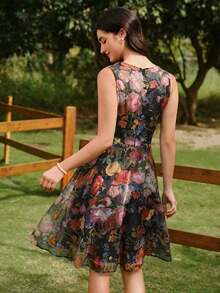 Vestido de mujer elegante y vintage con estampado de rosas y cuello en V de organza, para vacaciones, fiestas, verano, festivales, bodas, graduaciones, bailes de graduación, ceremonias, cumpleaños y ocasiones formales. Vestido elegante de color rosa para fiestas y vacaciones. - Negro - Ver 5