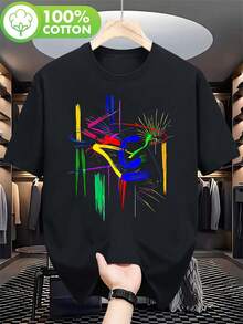 Casual Men's T-Shirt Decorated With Abstract Brush Strokes And Color Splash Patterns. - Black - View 2
