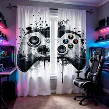 2 Stück Grau & Schwarz Spielcontroller Muster Vorhänge, mit abstraktem schwarzem Tintendruck, hergestellt mit 2D Flachdruckverfahren. Diese spielthematischen Vorhänge sind leicht und halbtransparent, lassen Licht durch und sind perfekt für Jungenzimmer und Spielzimmer. - 2 Stück – Weiße und graue Spielkonsole - Übersicht 9