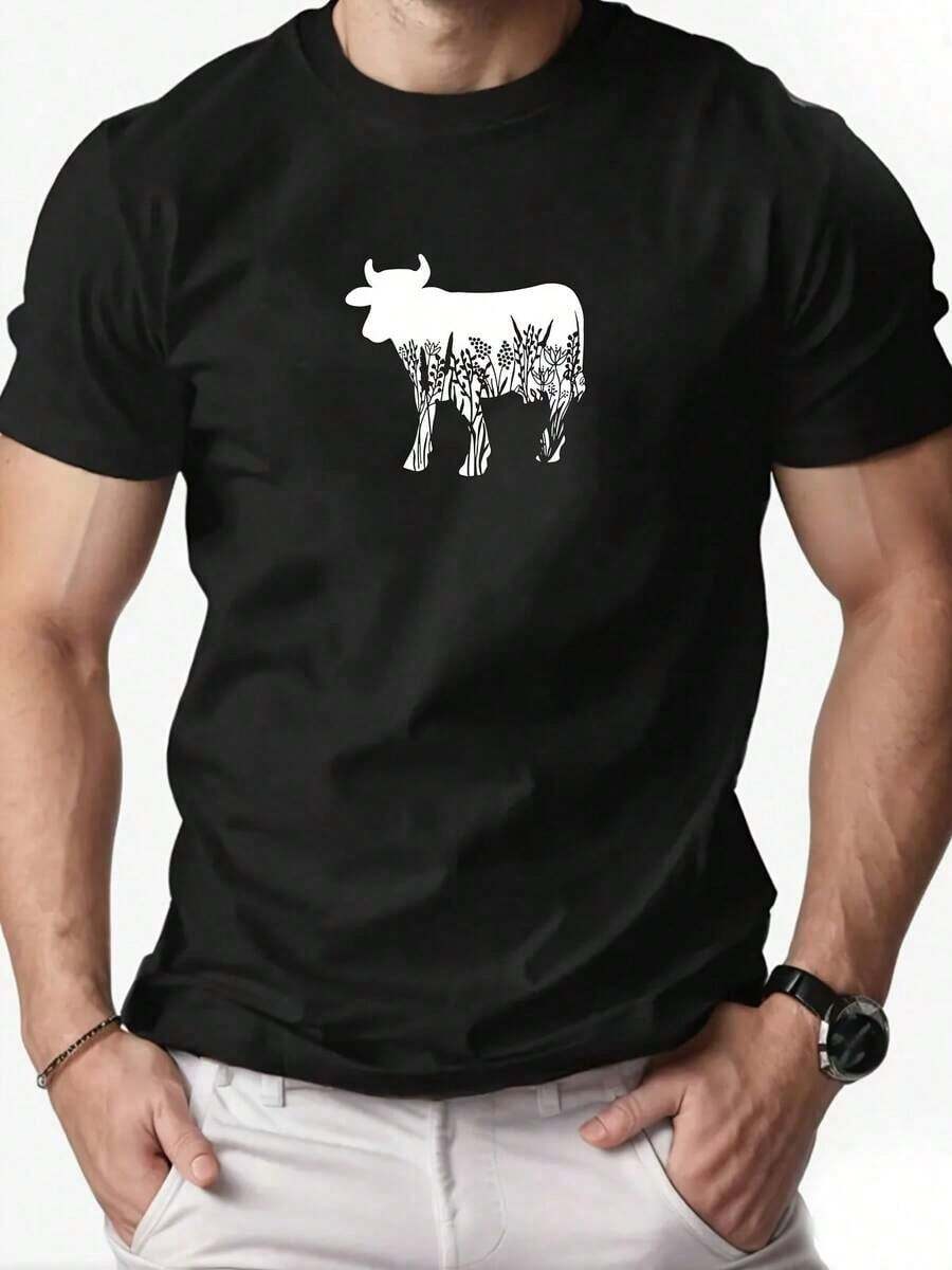 1pc Men's Casual Cotton T-Shirt With Cow Silhouette, Round Neck Short Sleeve Summer T-Shirt, Regular Fit Knit Fabric, Plain Color Adult Top. - 黑色 - 查看 1