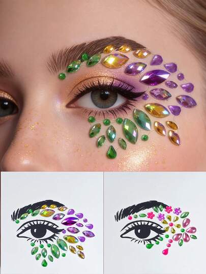 2 Sheets Mixed Rainbow Color Festival Face Jewelry Stickers - Diamond, Acrylic Resin Stickers, Waterproof Face Gems For Party, Ball, Halloween, Festival, Music Concerts