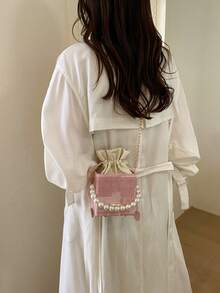 Mini Pleated Drawstring Box, Acrylic, Fashion Drawstring Pouch, Pearl Handbag - Pink - View 6