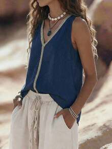 Zayélia Top de mujer de cuello en V, casual, cómodo, de vacaciones, de campo, relajado, de textura suave - Azul marino - Ver 6