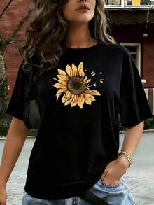 Women's Casual T-Shirt With Sunflower And Butterfly Print, Comfortable For Casual And Elegant Outfits, Lightweight And Breathable, Machine Washable, Regular Fit, Round Neck - 黑色 - 查看 1