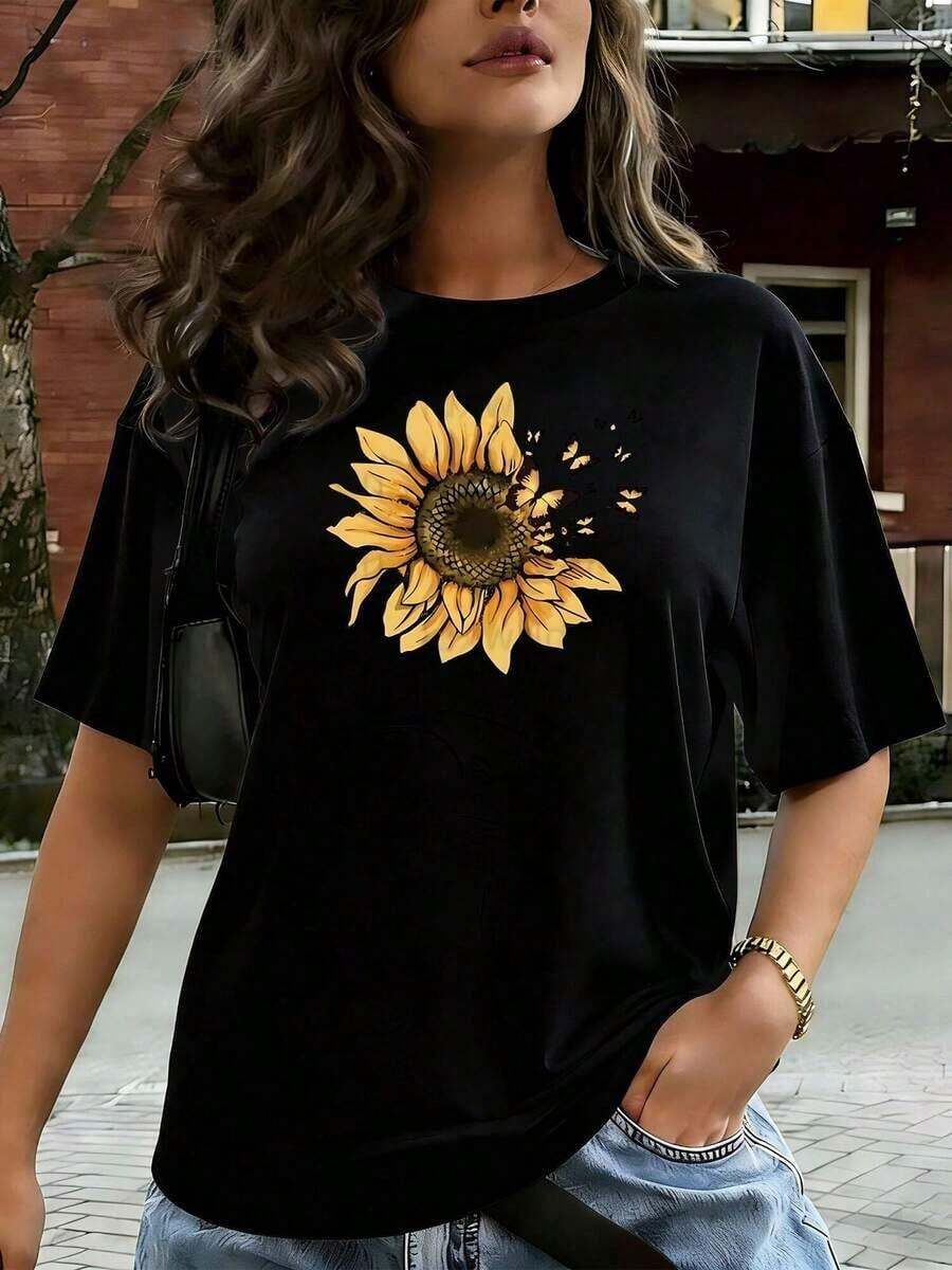 Women's Casual T-Shirt With Sunflower And Butterfly Print, Comfortable For Casual And Elegant Outfits, Lightweight And Breathable, Machine Washable, Regular Fit, Round Neck - 黑色 - 查看 1