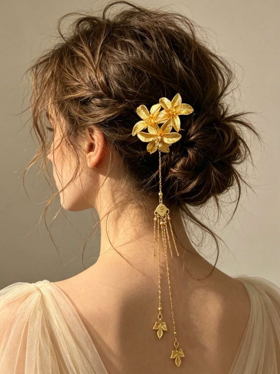 1件新娘髮飾,鍍金3D花朵流蘇女用髮簪,精緻盤髮編髮U型髮夾,不傷髮髻固定夾,適用於婚禮/度假派對/表演造型髮飾,髮夾 - 彩色 - 查看 1