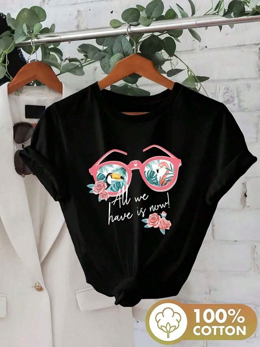 Summer T-Shirts, 2026 Women's Tops, Pink Flamingo Print Summer T-Shirt, Crew Neck And Short Sleeves, Pure Print Summer Set For Women, Cotton T-Shirt, Y2k Style. - 黑色 - 查看 1