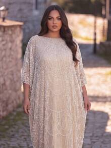 Voworia Plus Size Women's Kaftan Dress - Elegant Abaya Robe, Flowing Long Style, Luxury Vacations And Formal Occasions Party Wedding - Champagne - View 4
