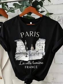 Round Neck T-Shirt With  Paris Print For Summer - Black - View 6