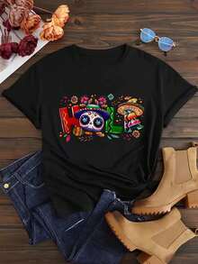 Stylish And Modern Street Style - Fashionable Casual T-Shirt With Mexican Day Of The Dead Print, Round Neck, Short Sleeve, Sporty, Women's Clothing - 黑色 - 查看 8