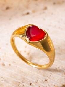 1pc Fashionable Luxury Red Heart-Shaped Cat Eye Stone Inlaid Stainless Steel Cast Ring, Suitable For Women's Daily Or Party Wear - Red - View 6