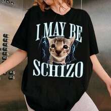 Women's Oversized Summer T-Shirt, 100% Cotton, Funny Cat Print, Short Sleeves, Comfortable, Casual Graphic - Black - View 1