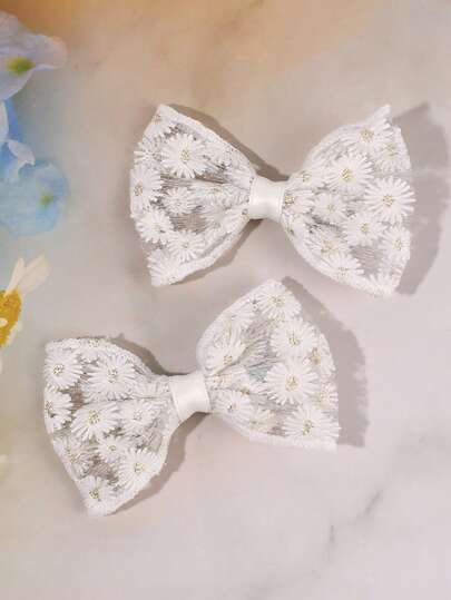 2pcs White Daisy Embroidered Mesh Bow Hair Clips, Elegant Floral Lace Bowknot Hair Clips, Sweet Pastoral Style Hair Accessories For Daily Wear And Party
