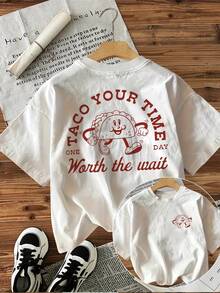 T-Shirt% Cotton [Double-Sided Print] Cartoon Style With TACO Letter Print, Casual Loose Round Neck Top For Women, Suitable For All Seasons, Can Be Worn As A Base Layer In Spring And Autumn Or Alone In Summer, Unisex Style,  Thick Cotton Cityboy Style Top. - 白色 - 查看 12