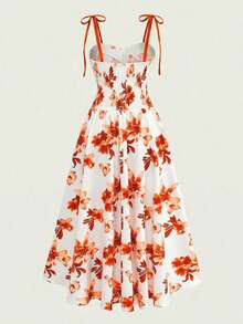 Vestido de tirantes con estampado floral de base color albaricoque y marrón, con cintura y línea A, elegante y encantador para vacaciones, viajes, festivales de música, citas, estilo bohemio francés, playa, calle, versátil, primavera/verano, nuevo - Naranja Quemada - Ver 3