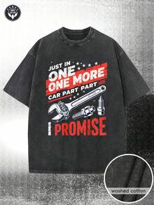 Cool 230gsm T-Shirt, Featuring Eye-Catching White Text Patterns, Stars And Vintage Mechanical Designs, A Red Banner With The Phrase "One More", Stylish Prints Of Car Parts And Large Red Text That Says "I Promise", Making It The Perfect Casual Crew Neck T-Shirt For Car Enthusiasts. - 黑色 - 查看 1