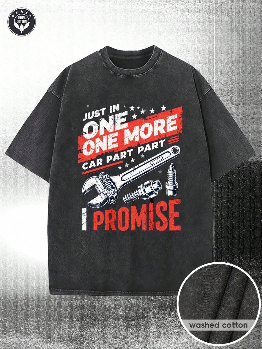 Cool 230gsm T-Shirt, Featuring Eye-Catching White Text Patterns, Stars And Vintage Mechanical Designs, A Red Banner With The Phrase "One More", Stylish Prints Of Car Parts And Large Red Text That Says "I Promise", Making It The Perfect Casual Crew Neck T-Shirt For Car Enthusiasts. - 黑色 - 查看 1