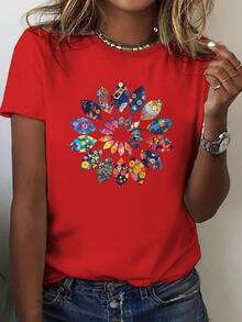 1 Women's T-Shirt With Vibrant Geometric Floral Print, Hippie Style - 100% Cotton, Comfortable Fit, Crew Neck, Machine Washable, Colorful Mandala Design, Casual Style, Suitable For All Seasons, Vacation Wear. | Geometric Floral Print T-Shirt | 180g Pure Fabric, 100% Cotton - 黑色 - 查看 7