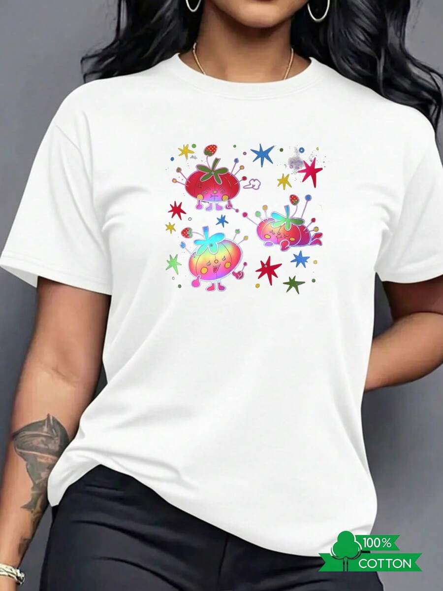 New 2026 Collection: Cotton T-Shirt With Anime Letter Print, Women's Round Neck T-Shirt With Simple Design, Comfortable, Soft And Breathable, Suitable For Casual Daily Wear, Showing A Natural And Refreshing Style, A Must-Have For Parties, Local Shipping, Strawberry Design With Green Strawberry Leaves, Lightweight Cotton. - 白色 - 查看 1