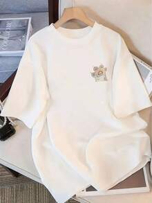 Women's T-Shirt With Cartoon Animal Print, Round Neck, Pullover Style, Short Sleeve, Summer Design, Elegant, Modern, Loose, Slimming Top For Women. - 白色 - 查看 1