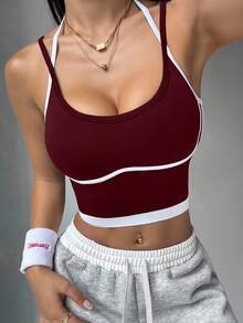 Women's High Elasticity Nylon Sports Vest - Breathable Contrast Color Fitness Top, Seamless Splicing Design, Suitable For Yoga, Pilates, Daily Fitness - Shaping Style And Beautiful Back Support, Simple Style, Comfortable Fit, Pressure-Free Support - 酒紅色 - 查看 1