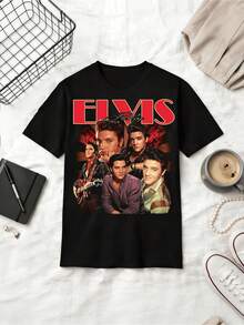 Retro Multi-Cut Collage Graphic Summer Cotton Casual Short Sleeve T-Shirt - Black - View 8