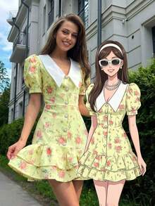 Spring/Summer Casual Style Dress With Collar, Front Buttons, Tie Back And Tie-Dye Print, For Everyday Wear, Western Style, Bohemian, Music Festivals, Vacation, Fairycore Style, Elegant For Women - 黃色 - 查看 2