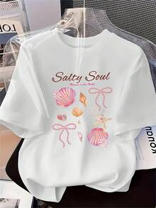 Women's Short-Sleeved T-Shirt With Elegant Seashell Print, Casual Round Neck Top Ideal For All Seasons - 白色 - 查看 6