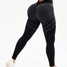 guang zhou mi qian shang mao Slayform Leggings sin costuras de cintura alta a rayas marrones H1178 - Negro01 - Ver 4
