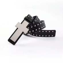 Y2K Punk Style Men's Casual Vintage Black Cross Buckle Belt, Suitable For Jeans, Daily Wear & Commute, Unisex - Black Claw Beaded Cross - View 3