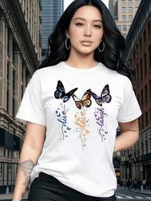 Women's Short Sleeve T-Shirt, Dreamy Colorful Butterfly Pattern Print, Vintage Elegant Exquisite Cute Sexy Sweet Style Round Neck Top, Regular Fit, Women's Gift Birthday Gift, Commuting T-Shirt Party T-Shirt, Soft And Comfortable Fabric - 白色 - 查看 6