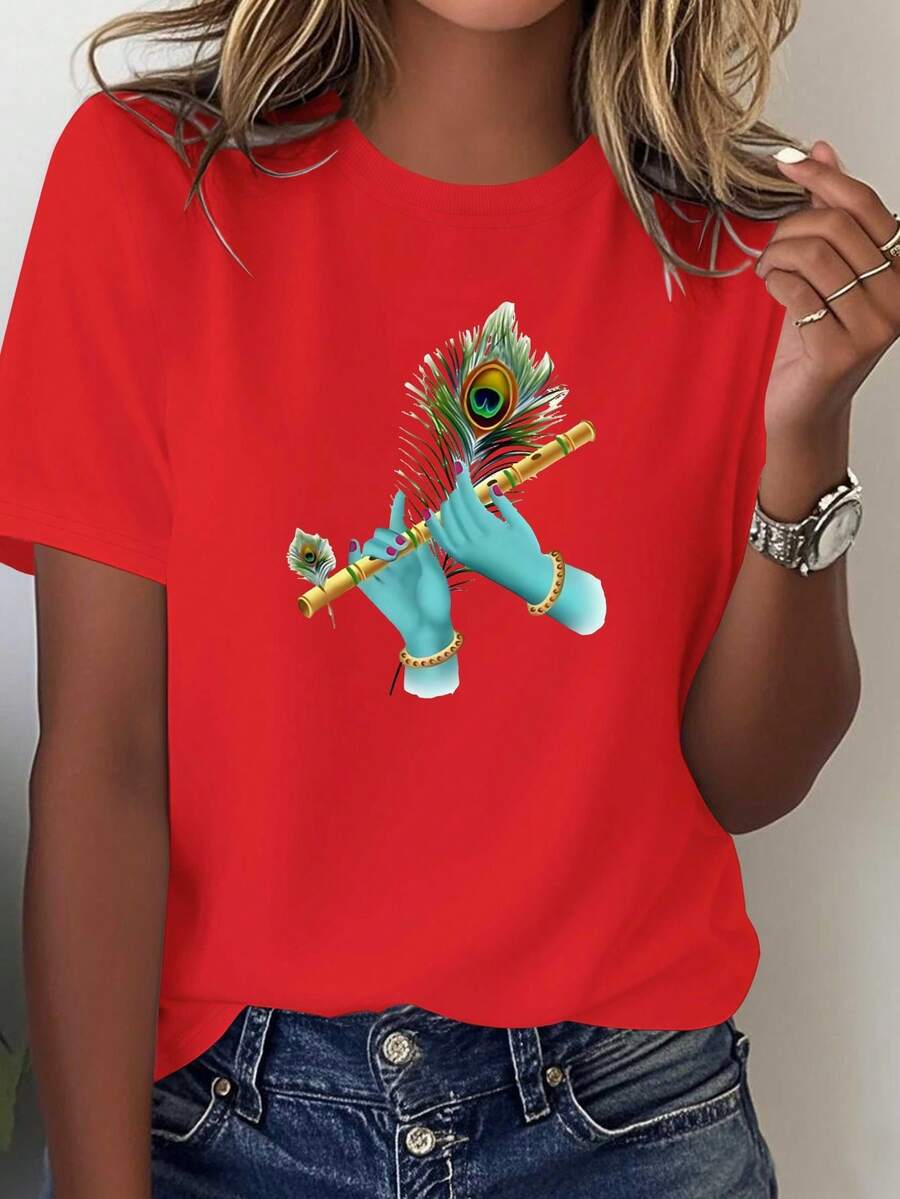 Comfortable Solid Color T-Shirt For Women. - Red - View 1
