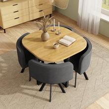 Table And Chair Set For 4 People, Consisting Of A Table (85 X 85 Cm) And Four Linen-Covered Chairs, Suitable For The Kitchen And Dining Room (Oak Tabletop + Grey Chairs) - Grey - View 6