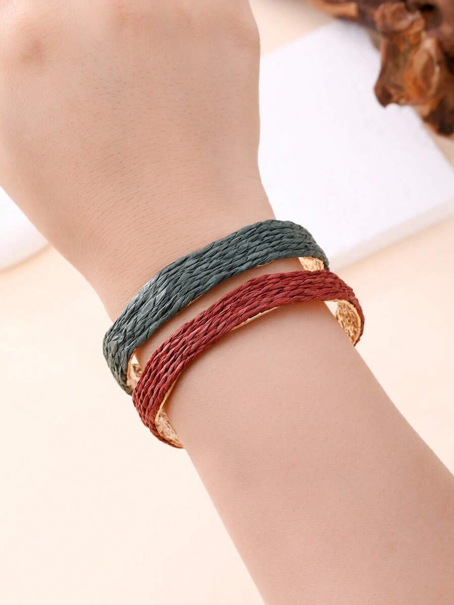 1 chiếc vòng tay hở bằng sợi raffia dệt hai tông màu kiểu Maillard, chất liệu kim loại, phong cách nghỉ dưỡng, thiết kế độc đáo, phụ kiện đa năng kiểu Pháp, phù hợp cho kỳ nghỉ biển, dã ngoại mùa thu, lễ hội âm nhạc, phong cách Boho, chụp ảnh du lịch cùng bạn gái, tạo vẻ ngoài Maillard mùa thu/đông, trang phục nghỉ mát thường ngày, phối hợp hoàn hảo cho buổi hẹn hò.