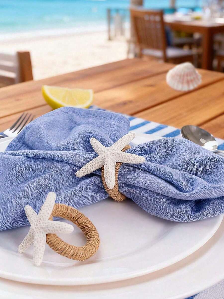 4pcs/Set Starfish Decor Napkin Ring,Ideal For Outdoor, Themed And Holiday Table Decor-Handwoven Linen Napkin Rings With Floral Design - Natural Jute Material For Nautical Theme Table Decor, Perfect For Parties, Weddings, Birthdays - View 1
