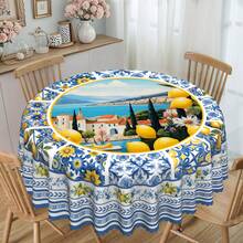 1pc Mediterranean Style Lemon Floral Tablecloth, Printed Tablecloth, Mediterranean Tile Mosaic Blue And White Color Design Pattern, Mediterranean Style, Polyester Round/Rectangular Tablecloth, Summer Decor, Indoor/Outdoor Dining Table Decor, Essential For Spring/Summer Party, Patio Picnic - Multicolor - View 8