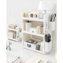 1pc Desktop Pegboard Storage Rack, 2-Tier Desk Organizer Shelf With Pen Holder And Hanging Hook, White Space Saving Organizer For Stationery, Makeup, Books And Small Items - White - View 10