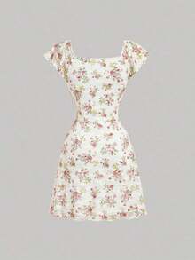 MOD Vestido sin mangas con cuello redondo, fruncido en el pecho y estampado floral vintage para mujer, ideal para el verano - Blanco - Ver 5