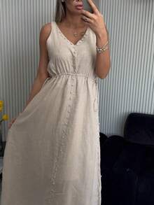 Vestido largo sin mangas vacacional, escote V profundo sexy, diseño de botones simples y cintura marcada - Albaricoque - Ver 3