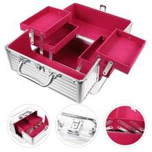 1188- Makeup Case Cosmetic Carrier Box Cosmetic Organizer Case Large Capacity Storage 25x17x17cm With Lock For Silver Strip Bottom - 銀色條紋,紅色背景 - 查看 2