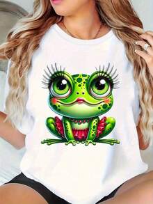 Women's Casual Sports T-Shirt With Cartoon Frog Graphic - Elastic Round Neck T-Shirt With Red Ruffled Skirt, Machine Washable, Comfortable Fit And Perfect For All Seasons, For A Fun And Unique Look. - White - View 7