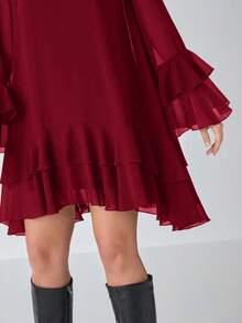 Vestido línea A de unicolor elegante con mangas volantes para mujeres - Burdeos - Ver 7