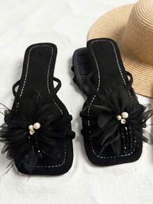 Summer New Solid Color Velvet Soft Textured 3D Pearl Big Flower Flat Slide Sandals, Fashionable Versatile Comfortable Suitable For Beach Travel Vacation - Black - View 2
