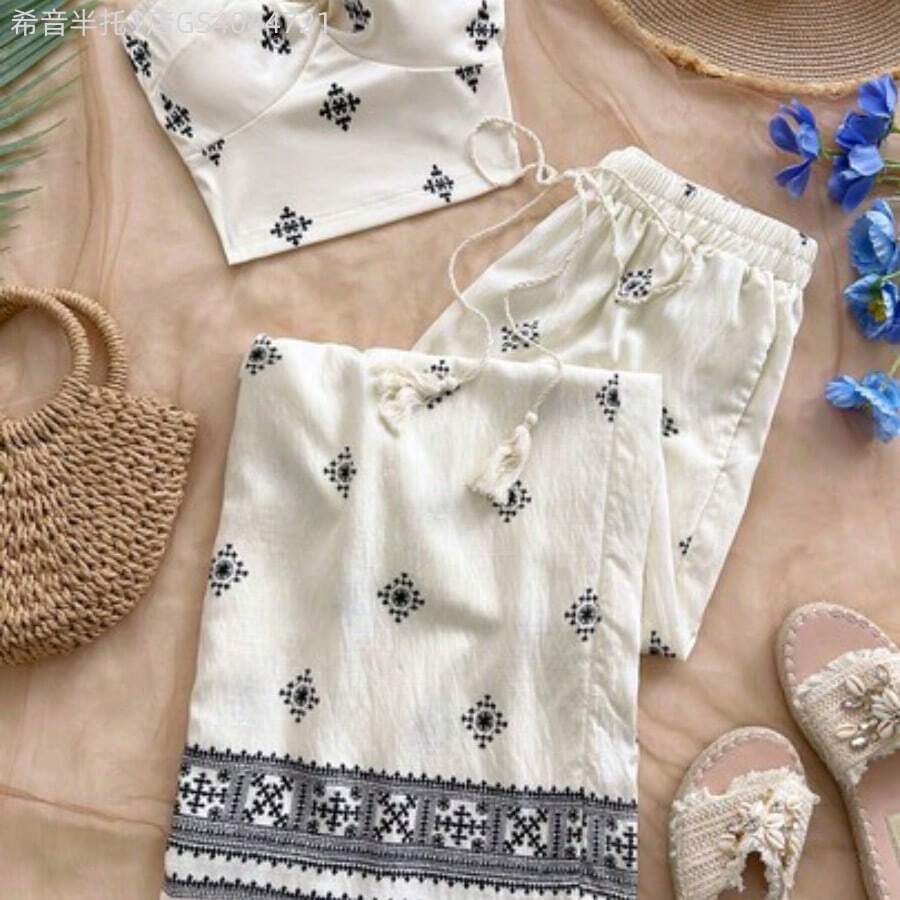 MewMuse.  Conjunto de blusa plisada elástica y pantalones de pierna ancha con estampado de bloques de color para vacaciones, conjunto de top sin tirantes y pantalones, conjunto de 2 piezas de verano para mujer, ropa de vacaciones, conjunto de 2 piezas de estilo bohemio con estampado floral para mujer - Multicolor - Ver 1
