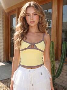 Women's Summer Slim Camisole Contrast Color Cut Out Front Spaghetti Strap V-Neck Tank Tops Streetwear - 黃色 - 查看 1