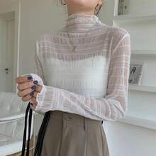 Women's Slim Black Lace Shirt, Spring-Autumn, Sexy, High Neck, Long Sleeve, Fitted, With Crochet Patches, Fashion Blouse - PSZWB024-白色 - 查看 4