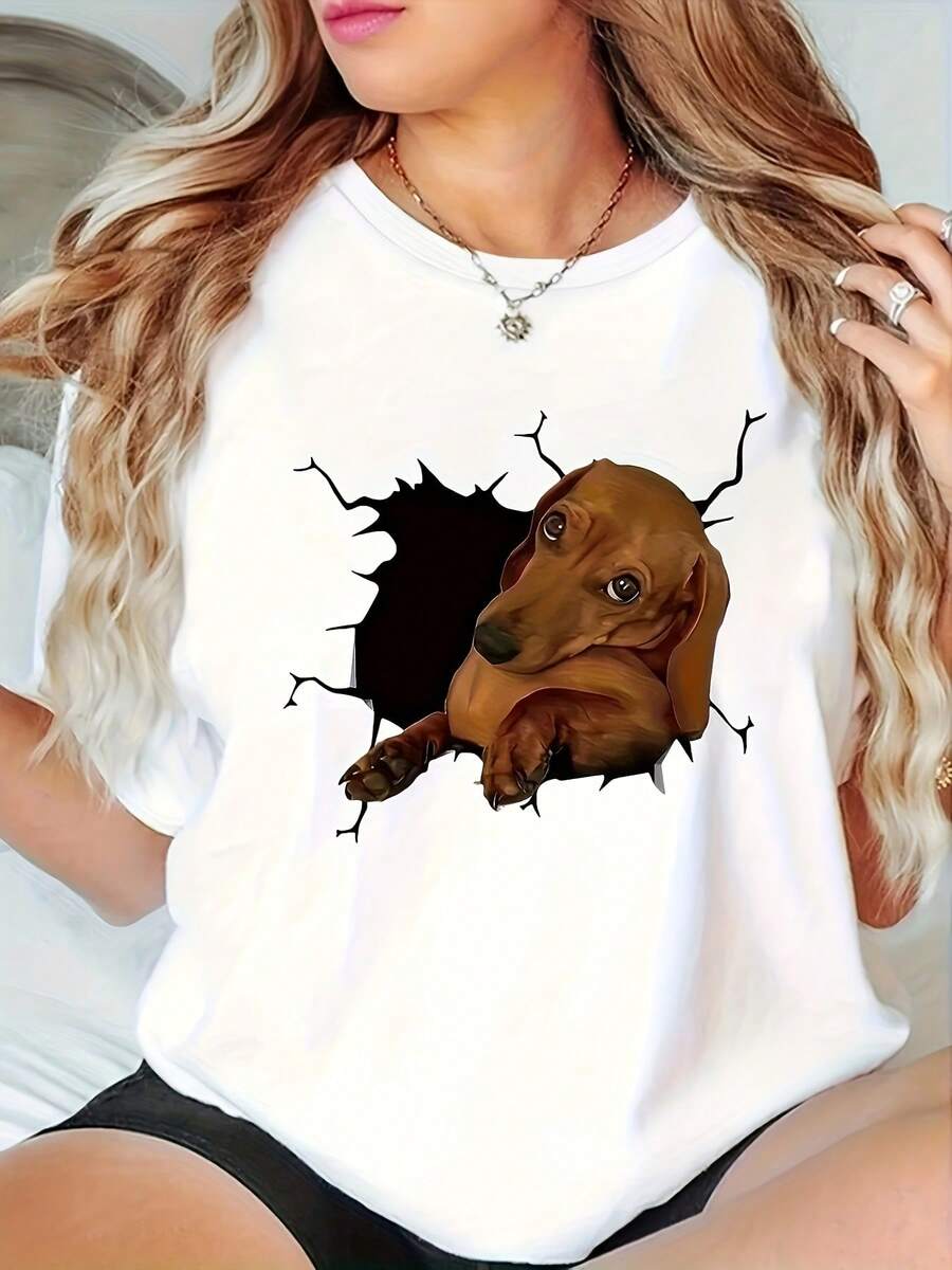 Casual T-Shirt With Cartoon Dachshund Graphic - Black Crew Neck, Stretch Fabric, Spring Summer Fashion, Casual Clothing, Funny Dog Design, Comfortable Fit, Dog T-Shirt, Women's Clothing - 黑色 - 查看 1