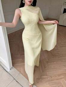 Petite Vestido largo elegante de mujer con patchwork de encaje amarillo a crochet - Amarillo - Ver 4